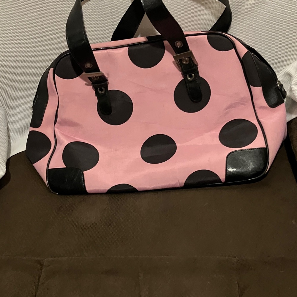 Pink Polka Dot Women's Satchel Bag with Black Accents - Picture 2 of 14